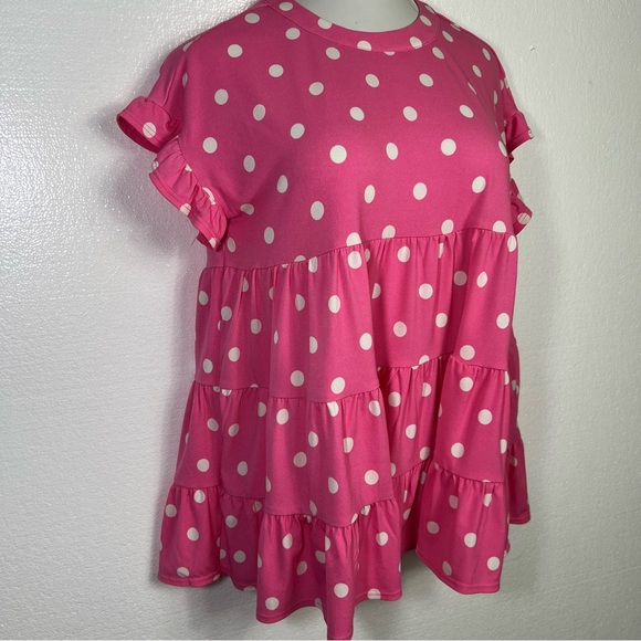 Versona fun polka dot pink white ruffle roomy blouse size L - Picture 2 of 5